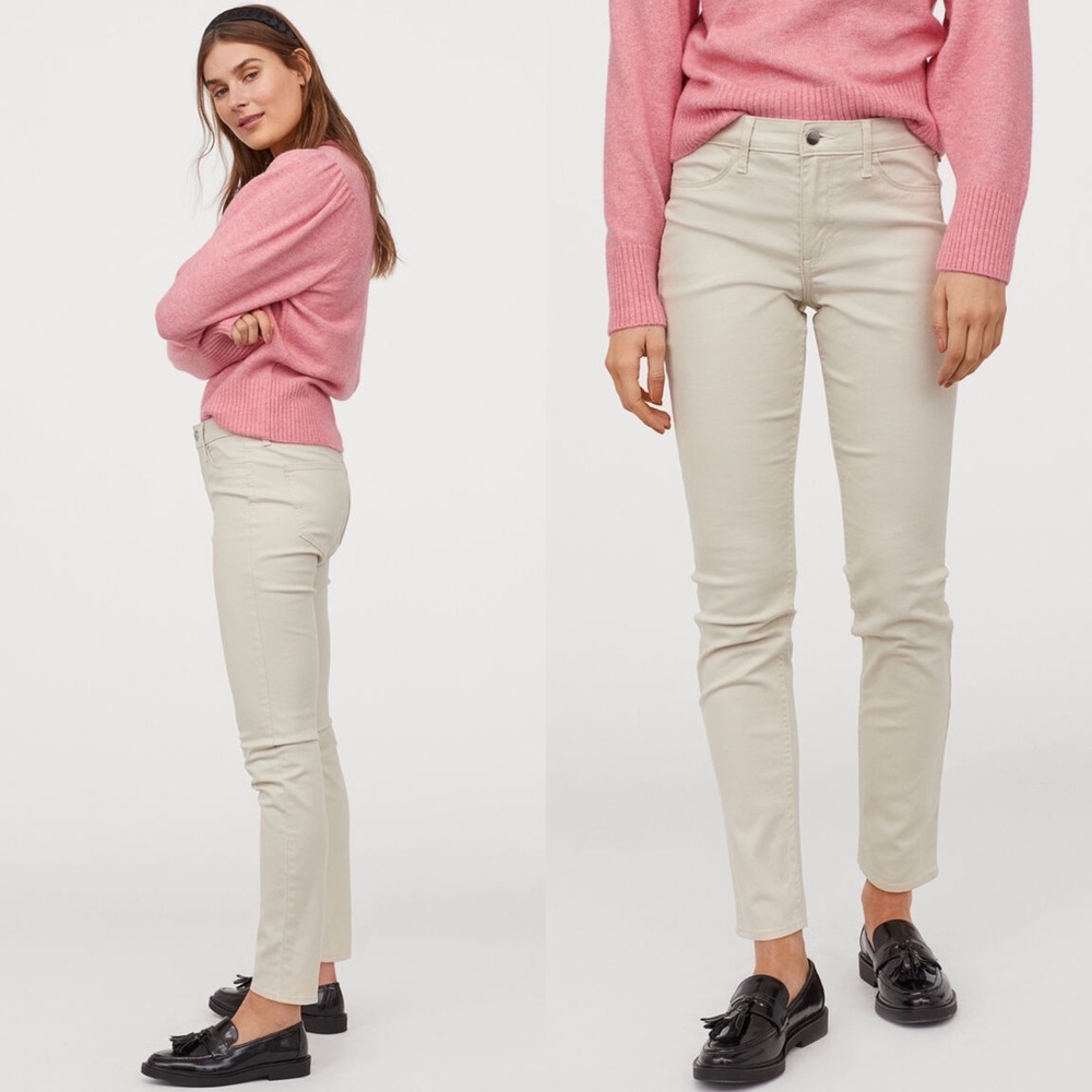 H&M NWT Cream White Skinny Ankle Jeans Stretch Denim Zip Fly Regular Waist Size